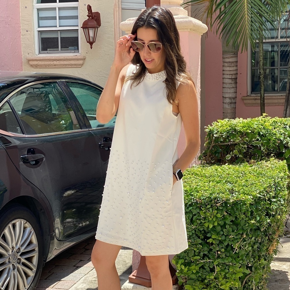 The Moon Pearl & Rhinestone Shift White Dress